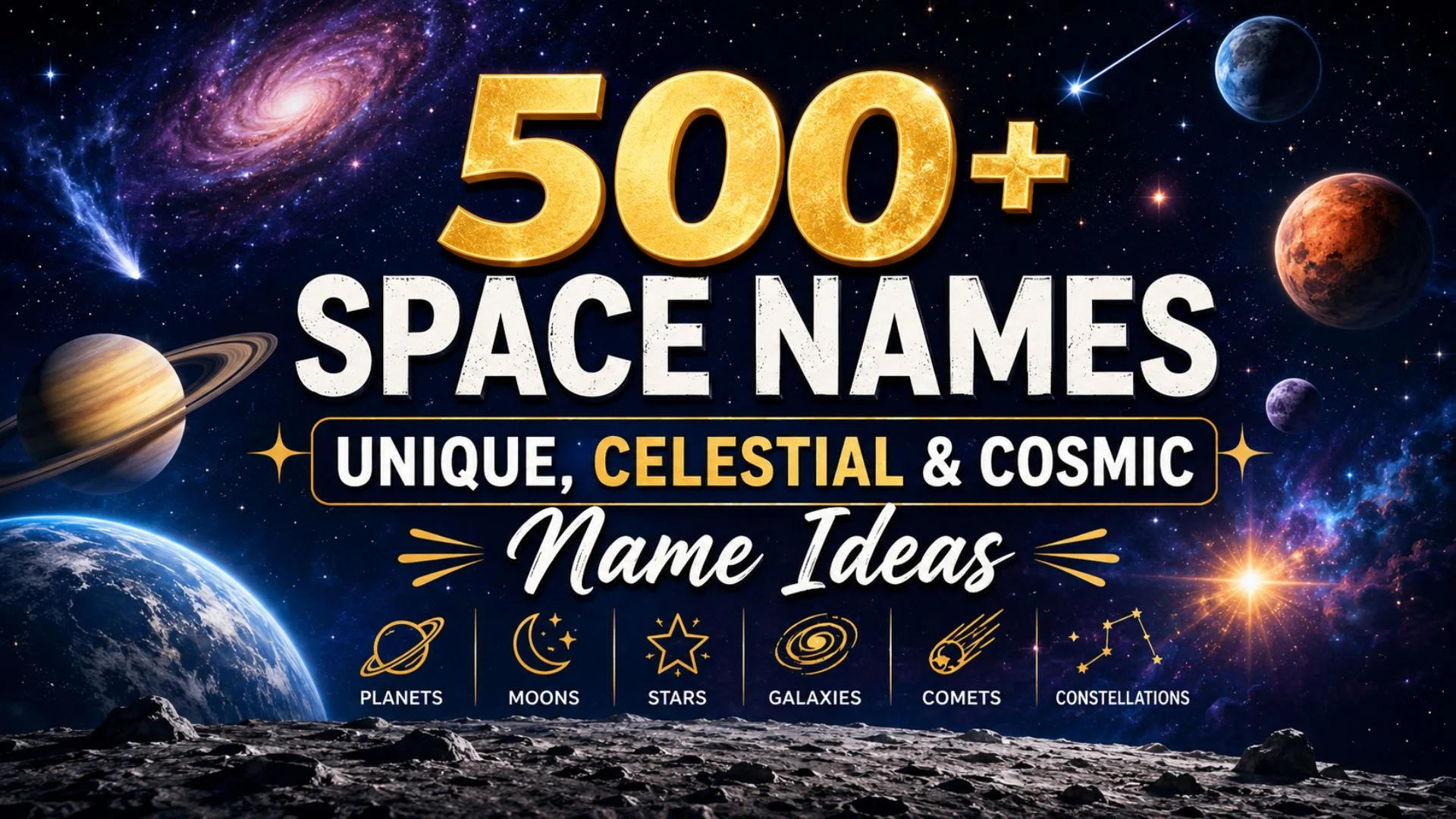 500+ space names with planets, galaxies, stars, and cosmic background featuring unique celestial name ideas