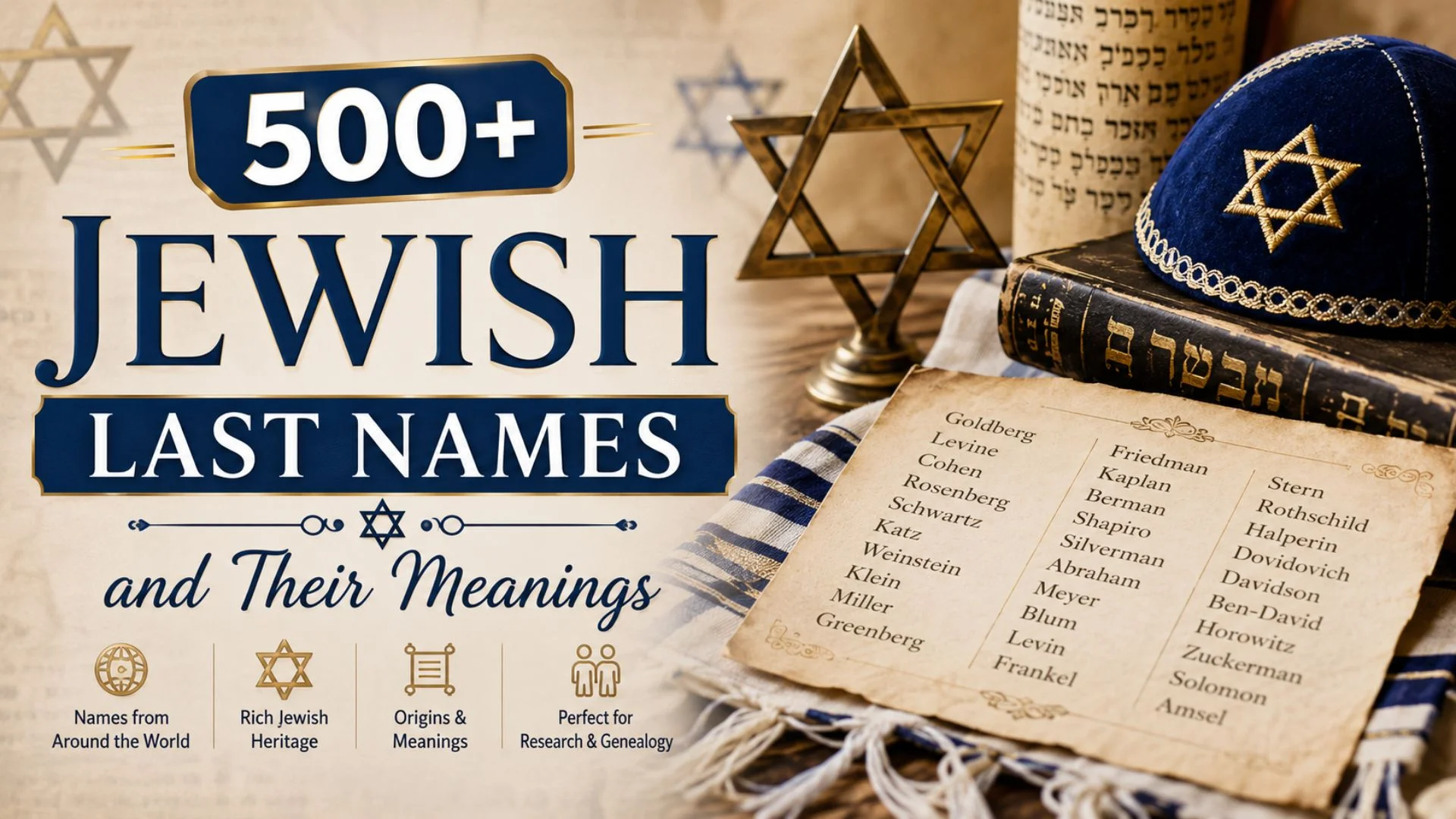 Jewish last names banner featuring Hebrew books, a kippah, and cultural symbols with the title 500+ Jewish Last Names and Their Meanings.