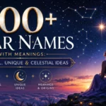 500+ star names with meanings featured on a celestial night sky with constellations, moon, and dreamy cosmic landscape