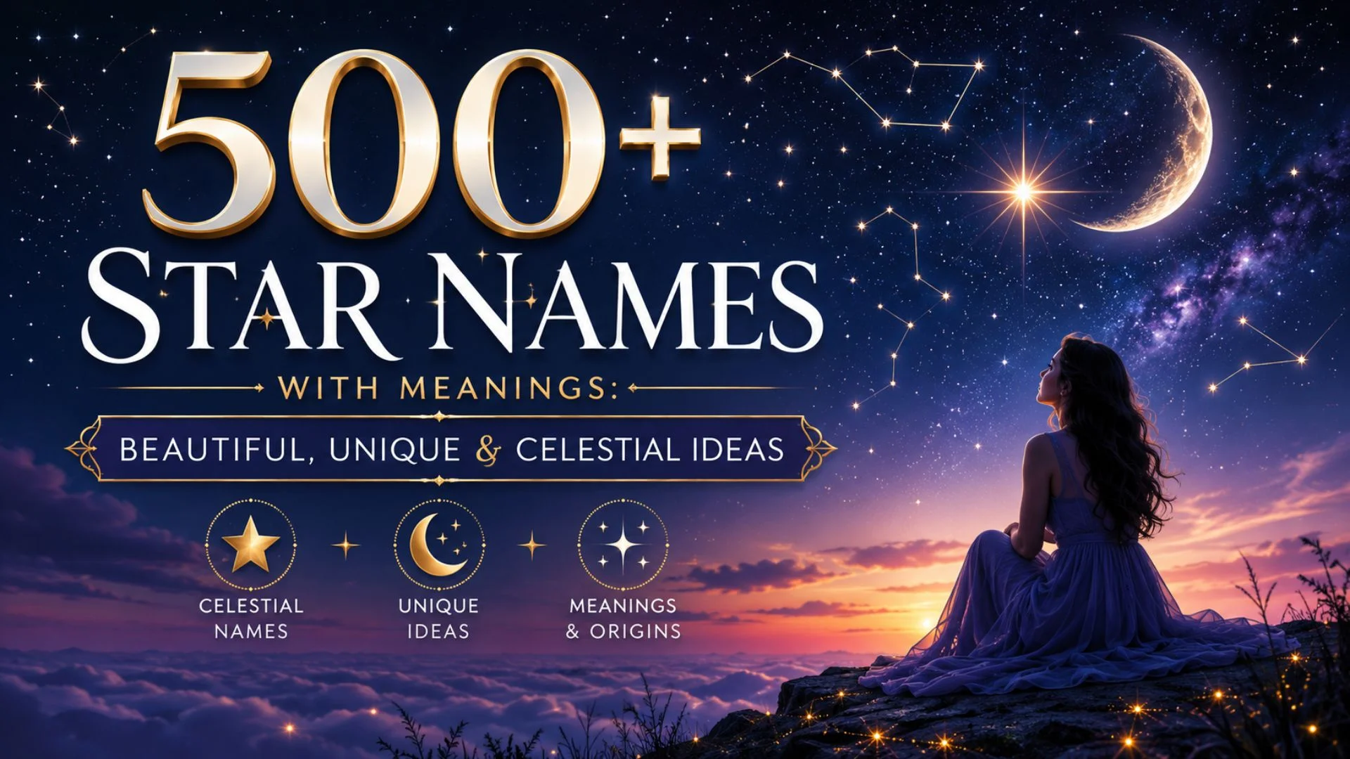 500+ star names with meanings featured on a celestial night sky with constellations, moon, and dreamy cosmic landscape