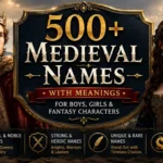 500+ medieval names with meanings for boys, girls, and fantasy characters featuring a king, queen, and castle background