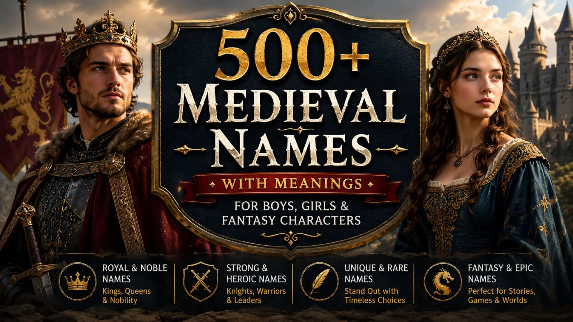 500+ medieval names with meanings for boys, girls, and fantasy characters featuring a king, queen, and castle background