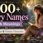 Magical fairy reading a book in an enchanted forest with 500+ fairy names for girls, boys, and fantasy characters.