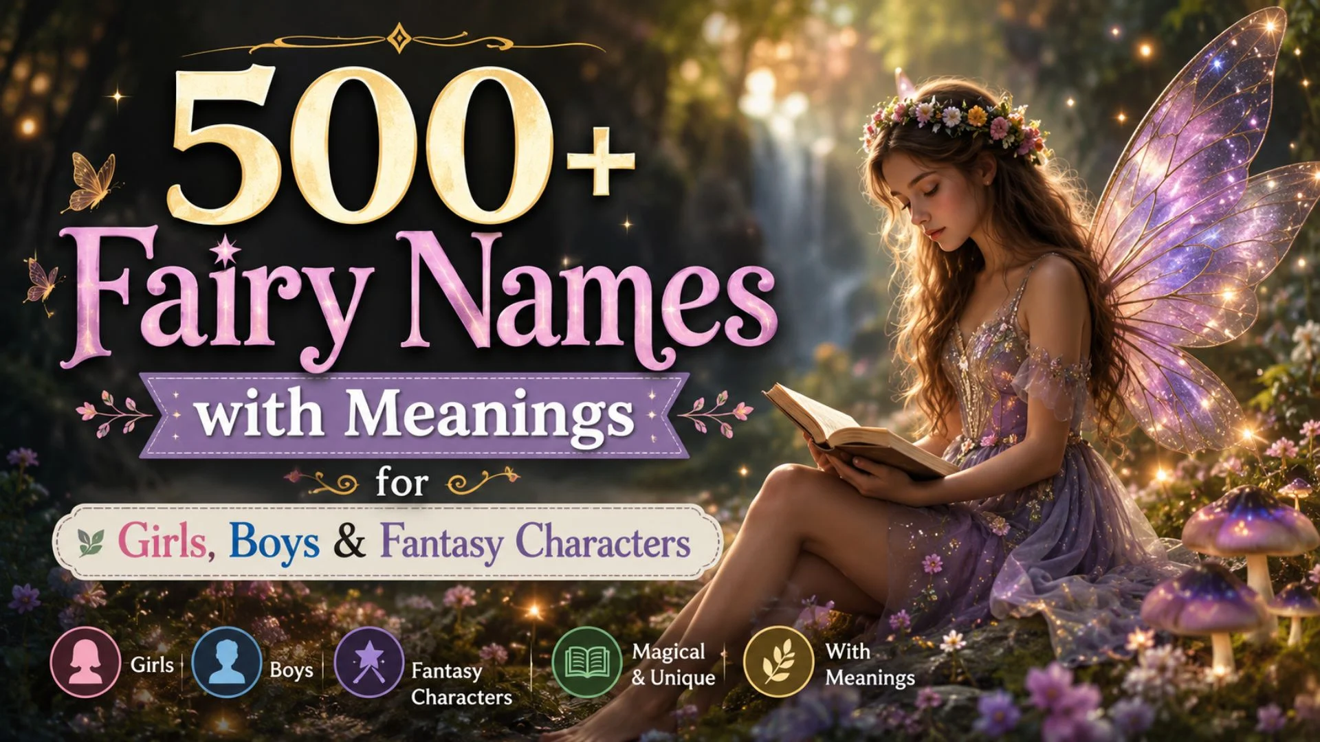 Magical fairy reading a book in an enchanted forest with 500+ fairy names for girls, boys, and fantasy characters.