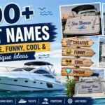 500+ boat names featured with a luxury yacht, creative, funny, cool, and unique boat name ideas on a scenic ocean background