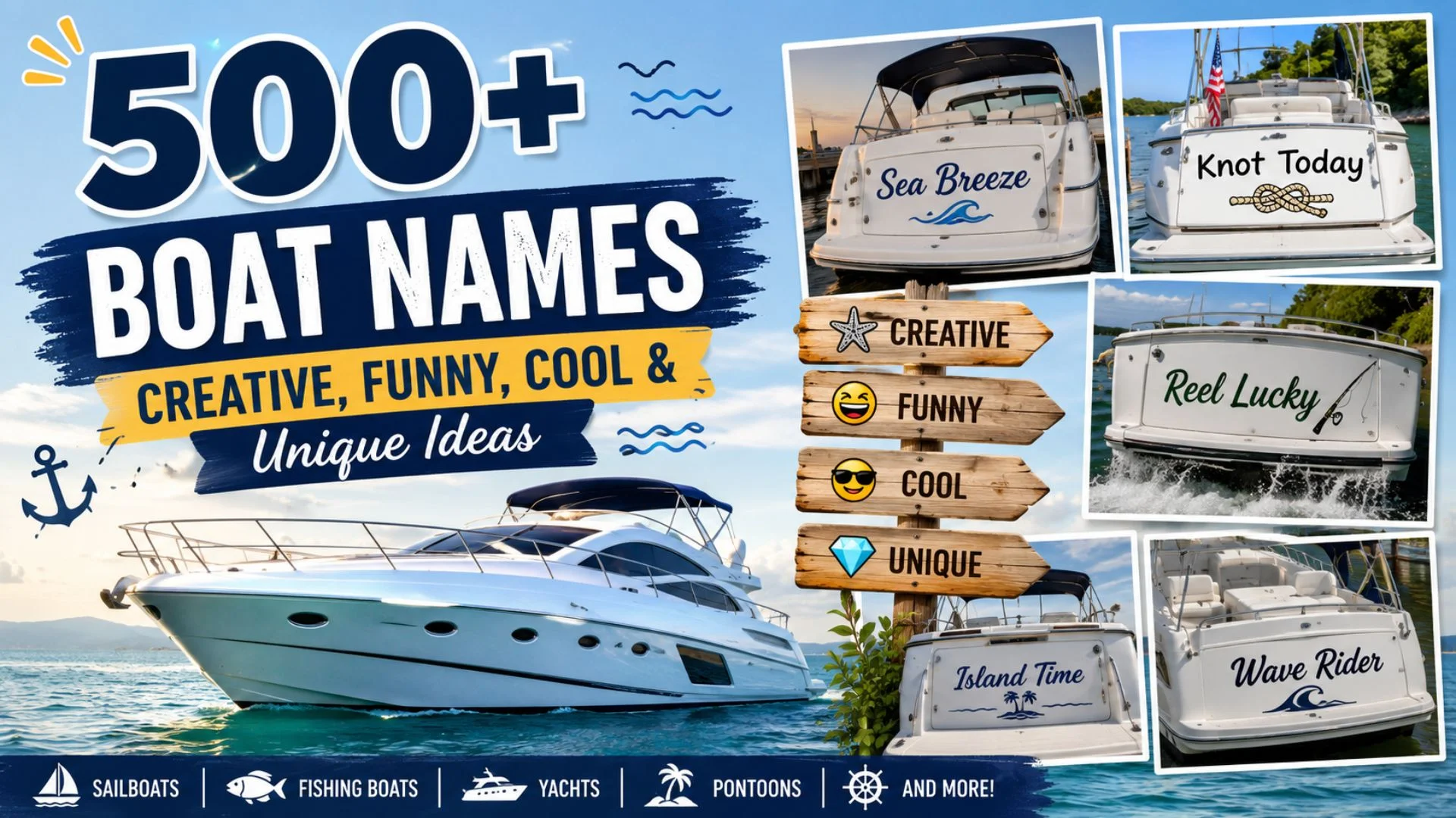 500+ boat names featured with a luxury yacht, creative, funny, cool, and unique boat name ideas on a scenic ocean background