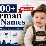 500+ German boy names with meanings featuring a smiling baby in traditional German attire and a castle background