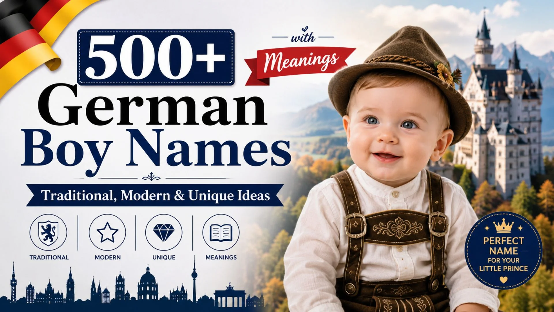 500+ German boy names with meanings featuring a smiling baby in traditional German attire and a castle background