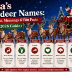 Santa's reindeer names complete list with meanings and fun facts featuring Santa's sleigh and eight reindeer under a snowy night sky