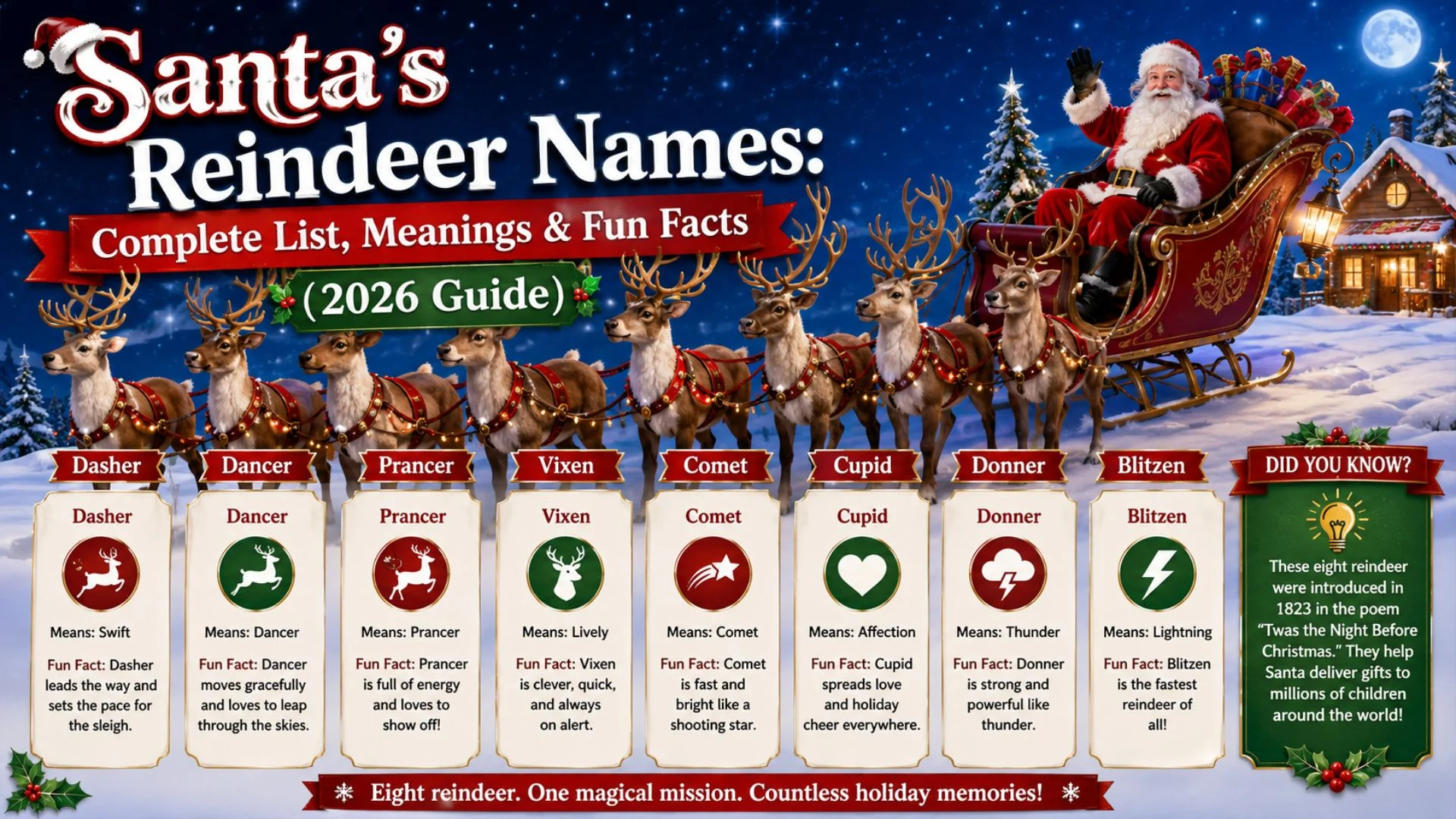 Santa's reindeer names complete list with meanings and fun facts featuring Santa's sleigh and eight reindeer under a snowy night sky