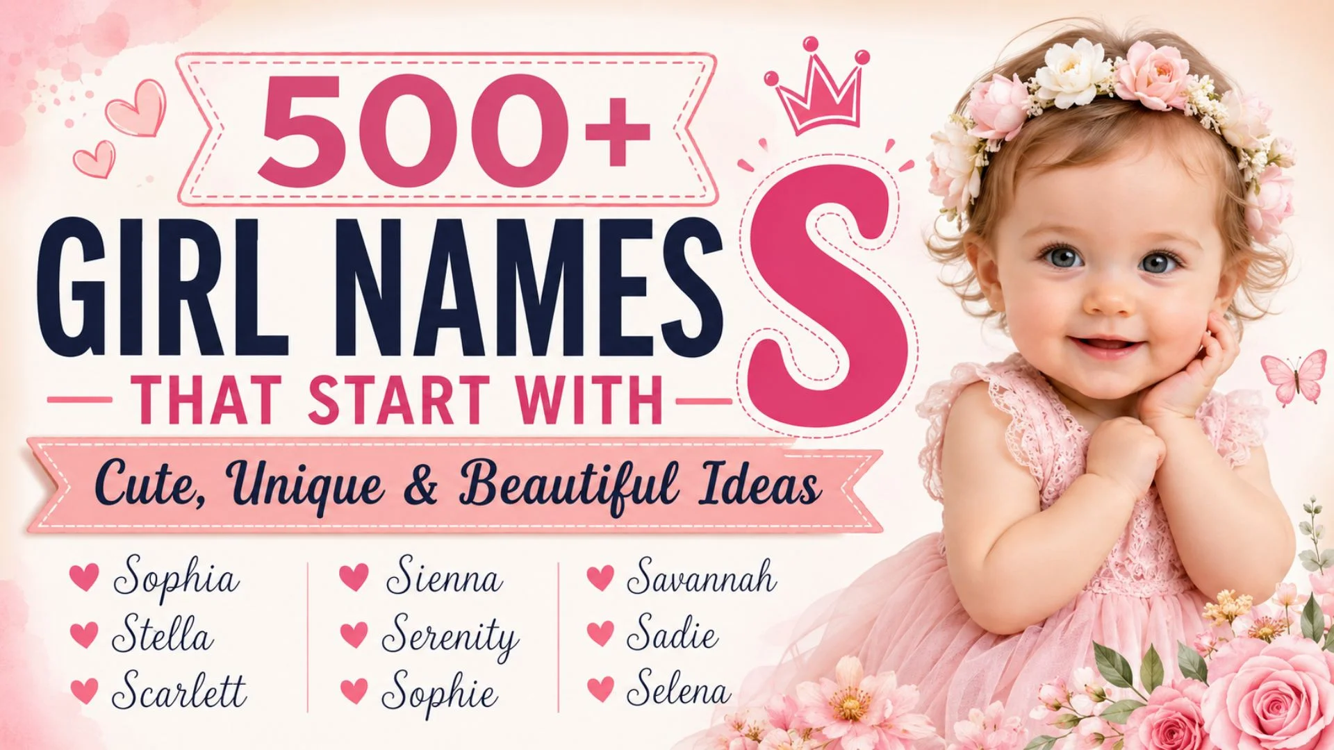 500+ girl names that start with S featuring cute, unique, and beautiful baby name ideas with a smiling baby girl