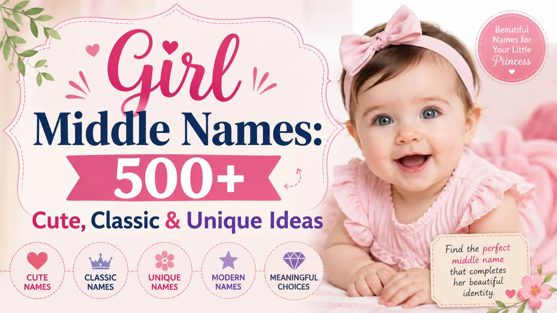 Smiling baby girl with Girl Middle Names 500+ Cute, Classic & Unique Ideas banner for baby name inspiration.