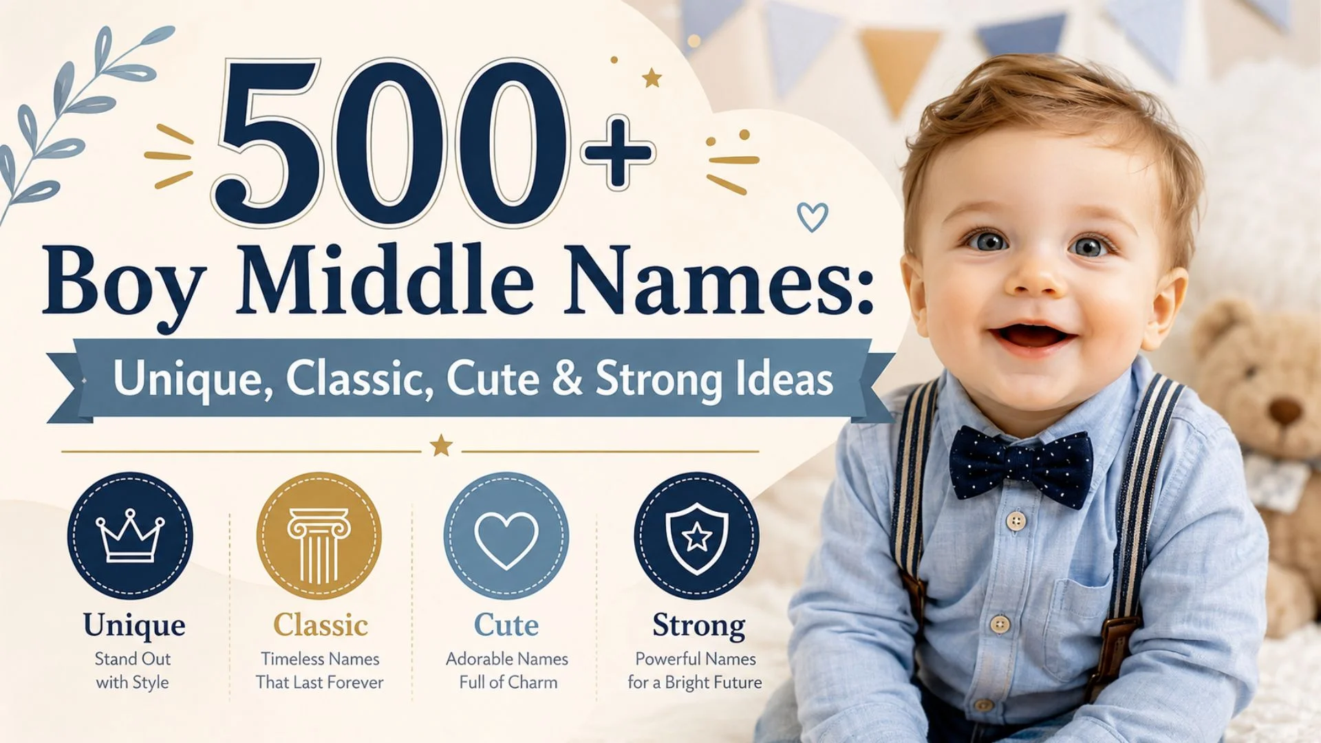 Smiling baby boy with 500+ boy middle names featuring unique, classic, cute, and strong name ideas for parents.
