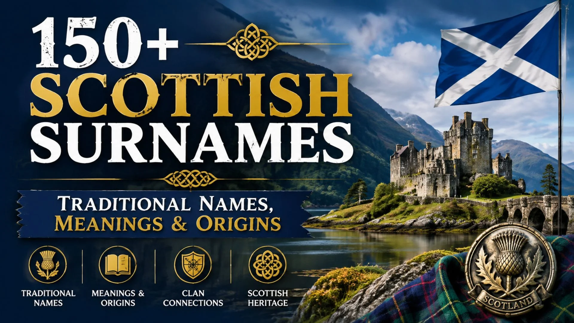 150+ Scottish surnames with traditional names, meanings, origins, clan heritage, castle, mountains, and Scottish flag