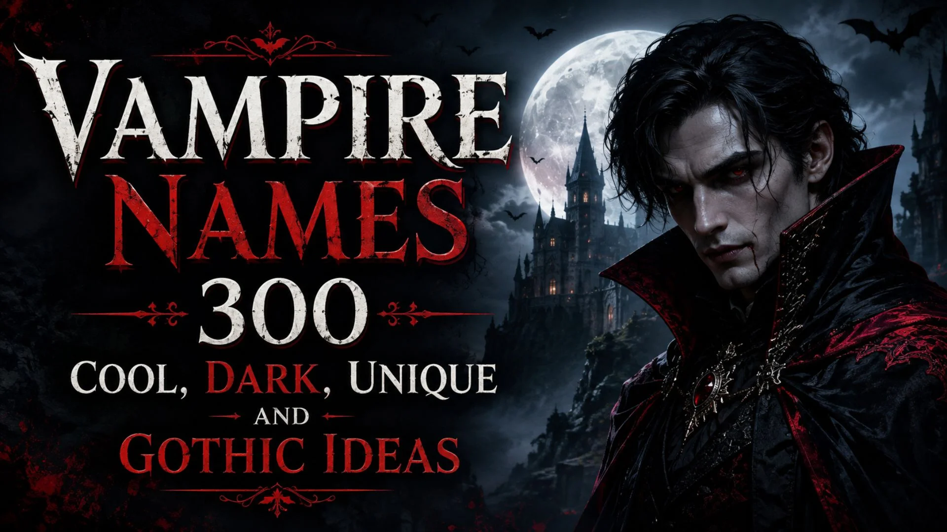 Vampire names banner with a dark Gothic vampire, moonlit castle, bats, and 300 name ideas