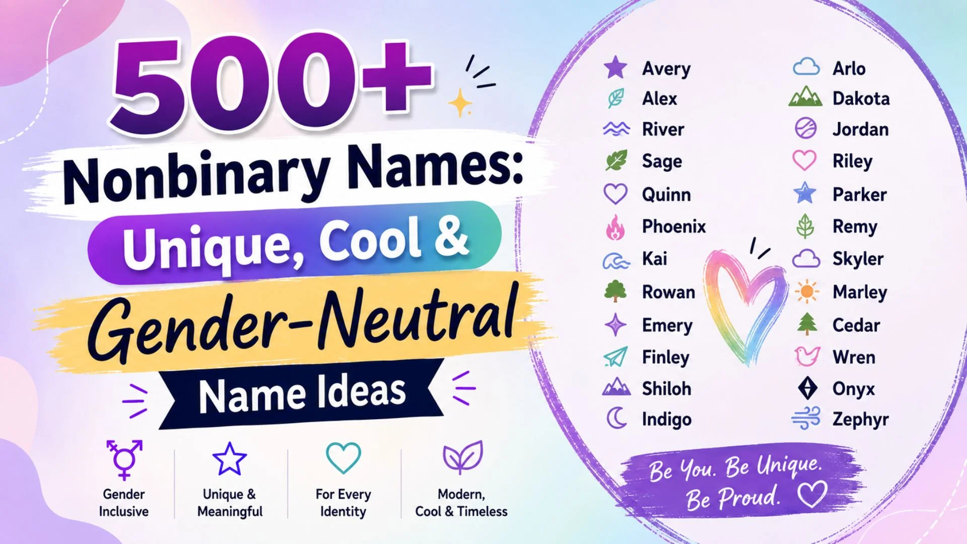 Colorful banner featuring 500+ nonbinary names with unique, cool, and gender-neutral name ideas for every identity.