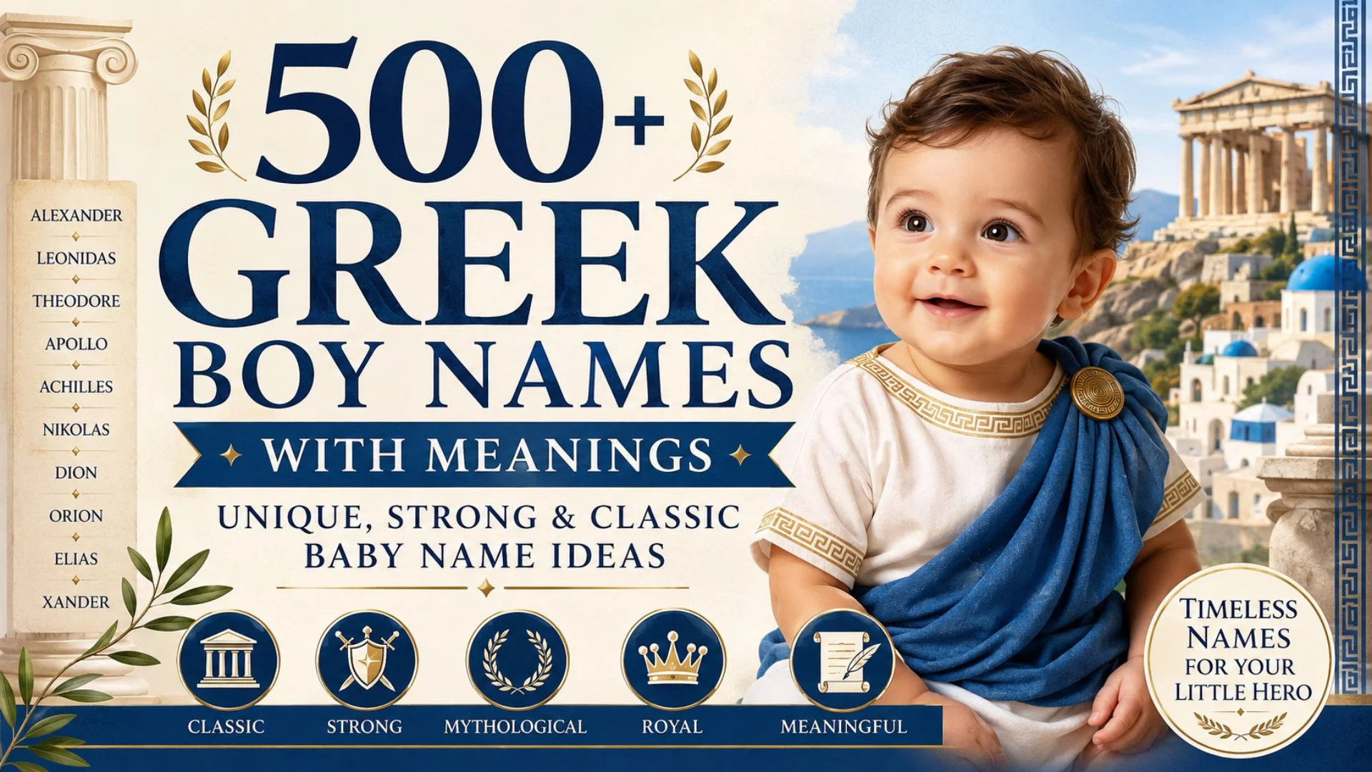 500+ Greek boy names with meanings featuring a baby, Greek temple, and classic baby name ideas in a Greek-inspired design.