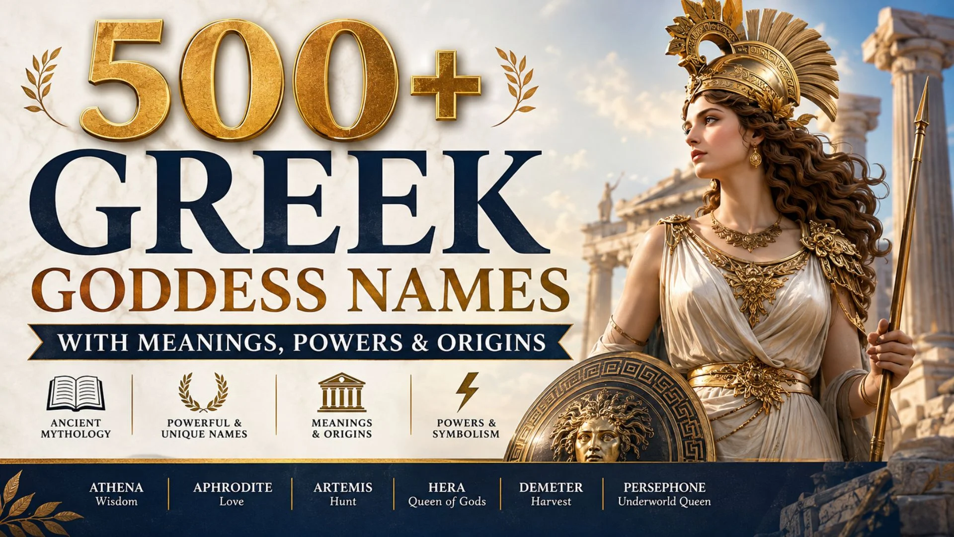 Greek goddess names infographic featuring Athena and ancient Greek temples with meanings, powers, and origins.