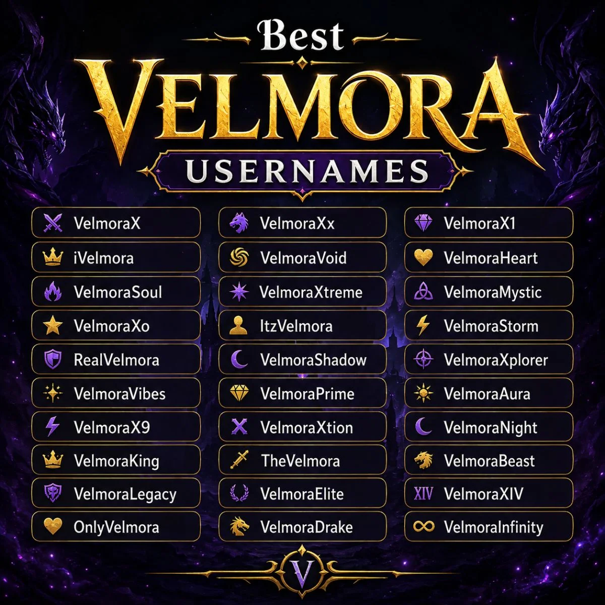 Best Velmora usernames displayed in a dark fantasy design with glowing purple and gold accents