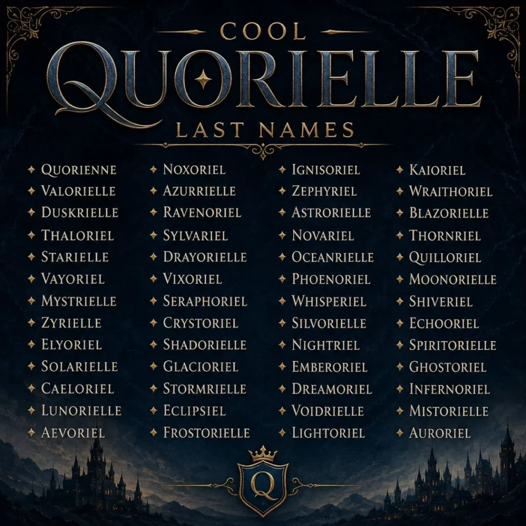 Cool Quorielle last names in an elegant dark fantasy poster with gold typography and castle scenery.