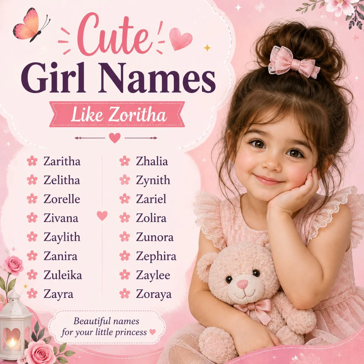 Cute girl names like Zoritha displayed on a pink baby name poster with a smiling girl and teddy bear