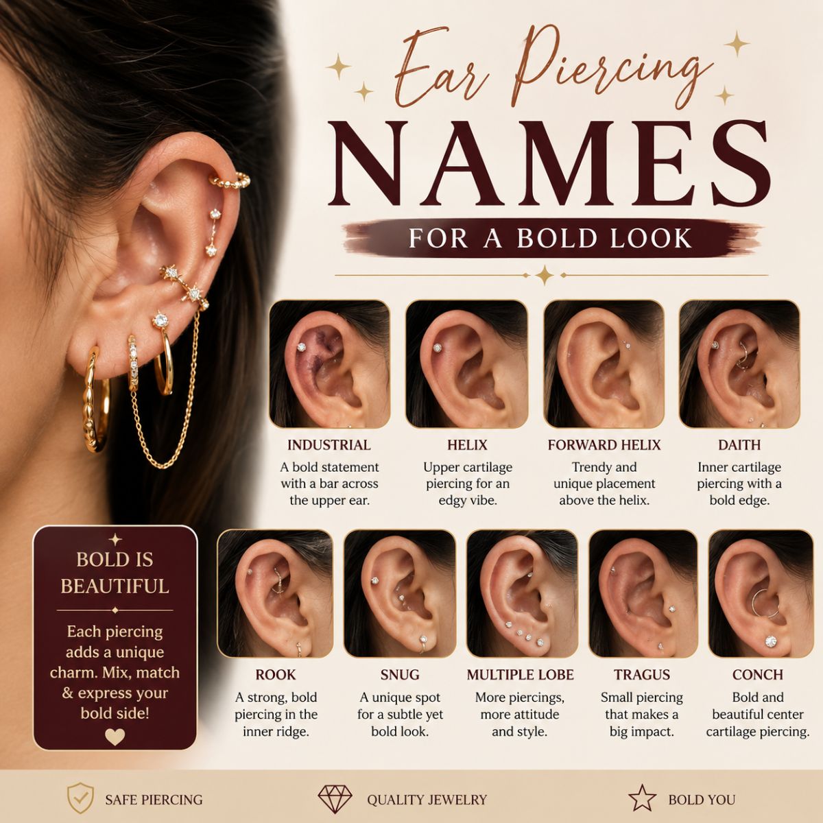 Ear piercing names and styles for a bold look, featuring helix, industrial, daith, rook, tragus, conch, and lobe piercings.