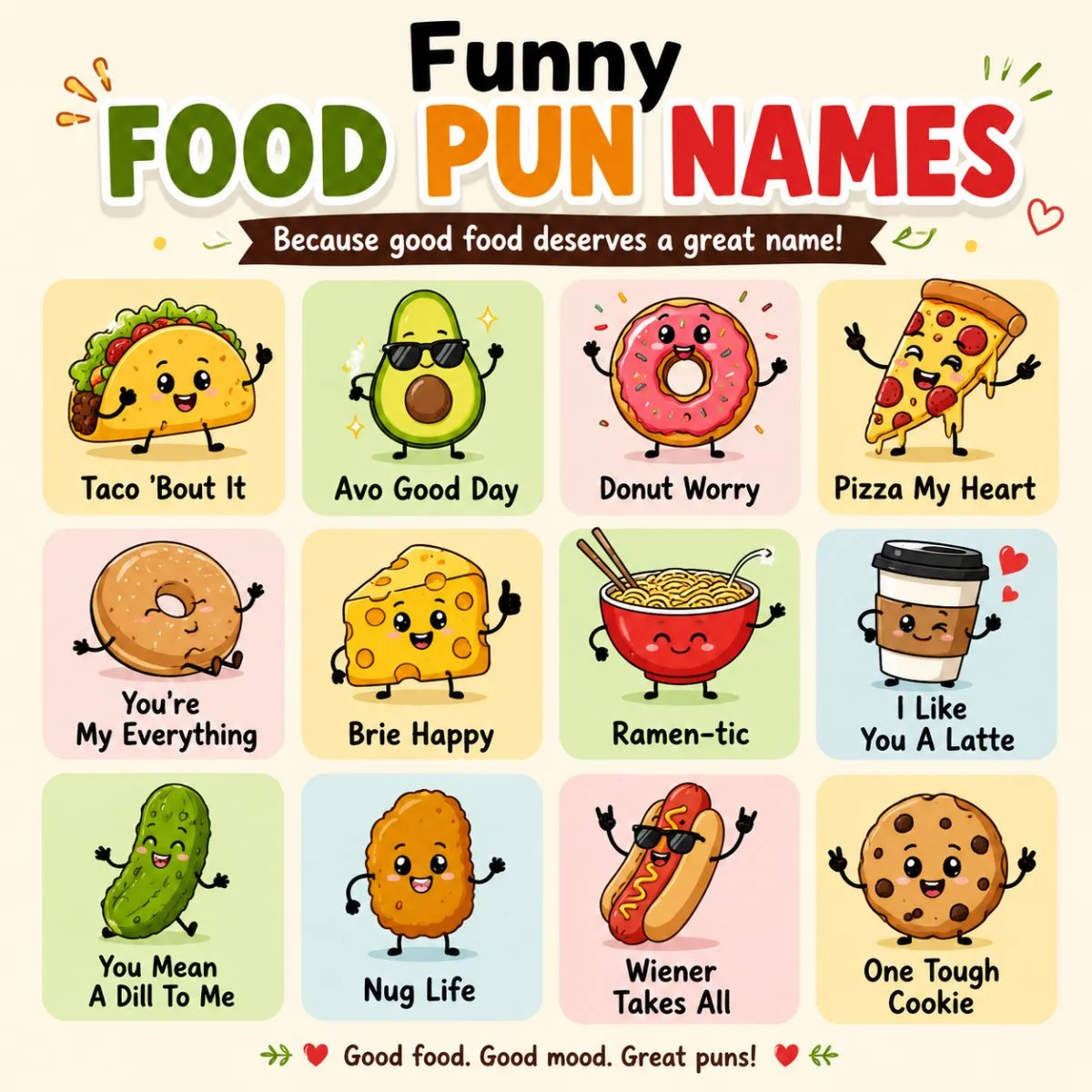 Funny food pun names infographic featuring cute cartoon tacos, pizza, donuts, avocado, ramen, and cookies