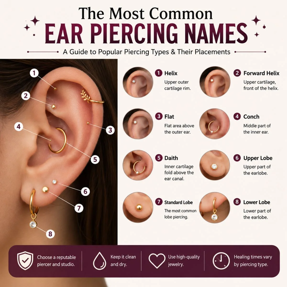 The most common ear piercing names and placements, including helix, conch, daith, and lobe piercings.