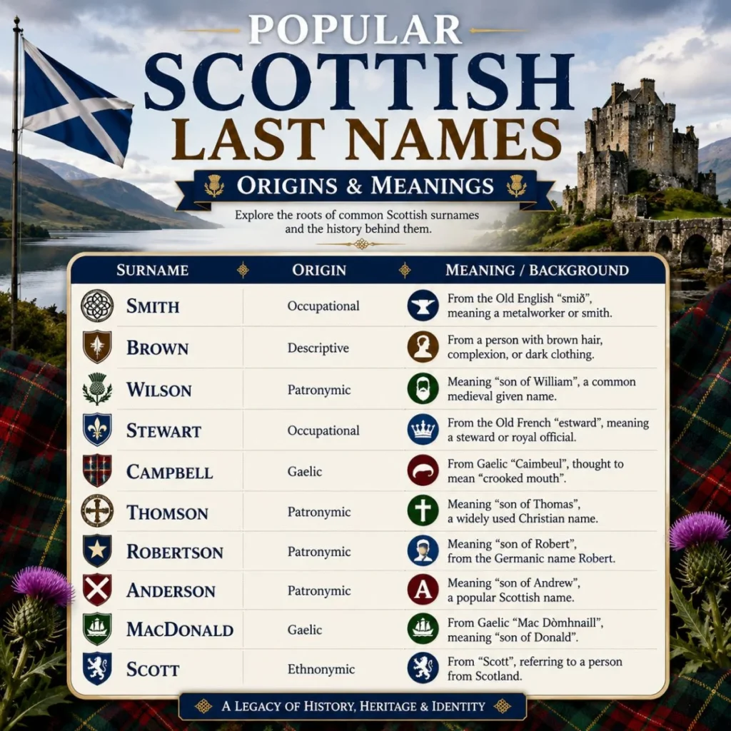 Popular Scottish last names with origins and meanings, featuring a castle, tartan, thistles, and Scottish flag