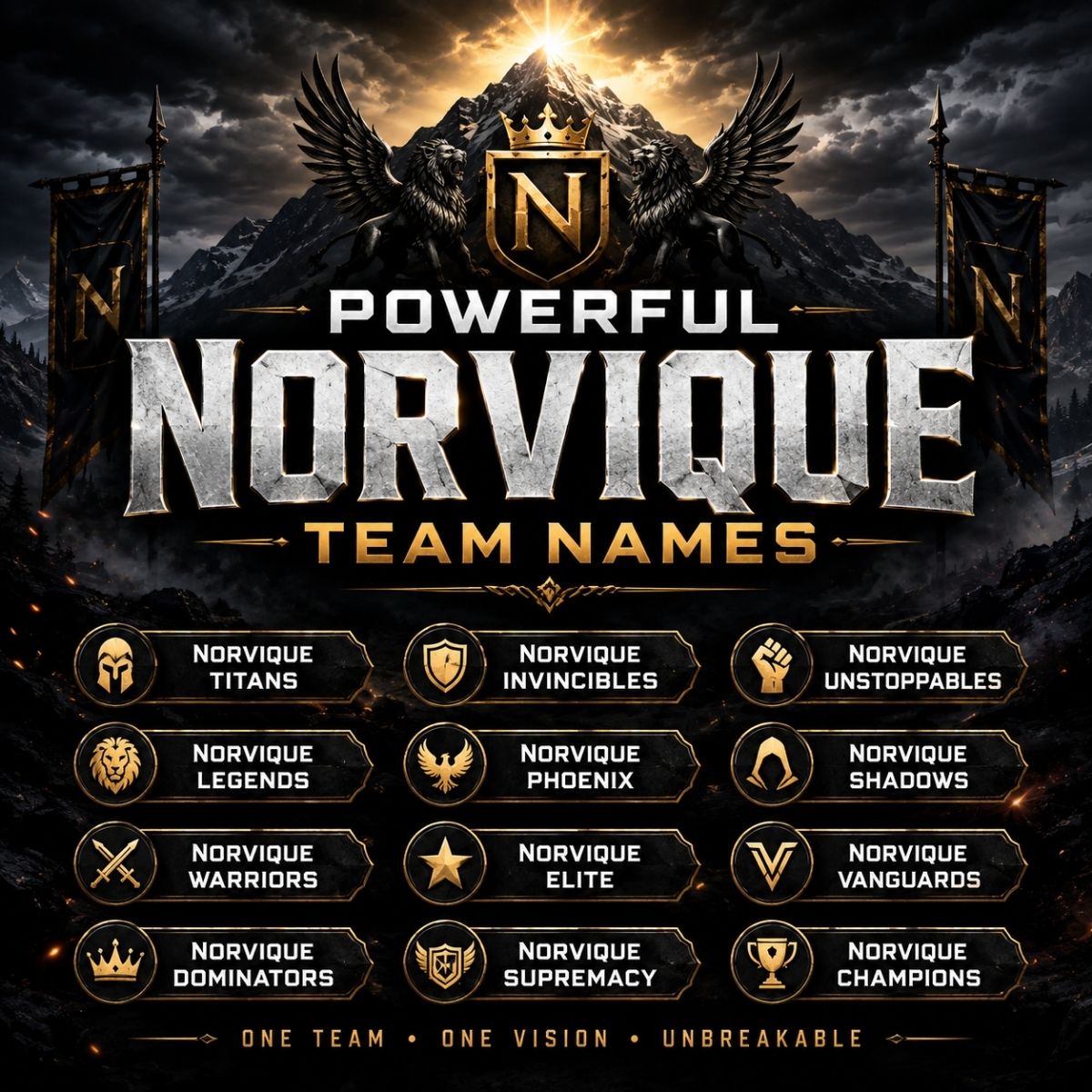 Powerful Norvique team names poster with a crowned N crest, warriors, and bold gold-and-black design.