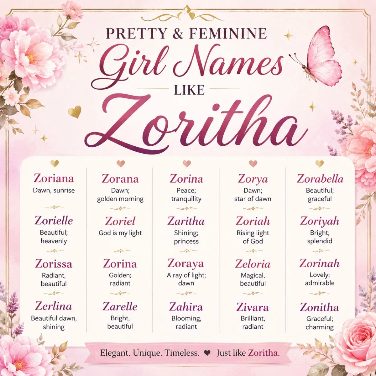 Pretty and feminine girl names like Zoritha with elegant, unique, and graceful name ideas.