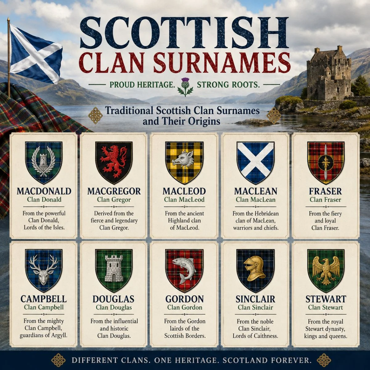 Scottish clan surnames and heritage featuring traditional family names, tartans, crests, and Highland scenery