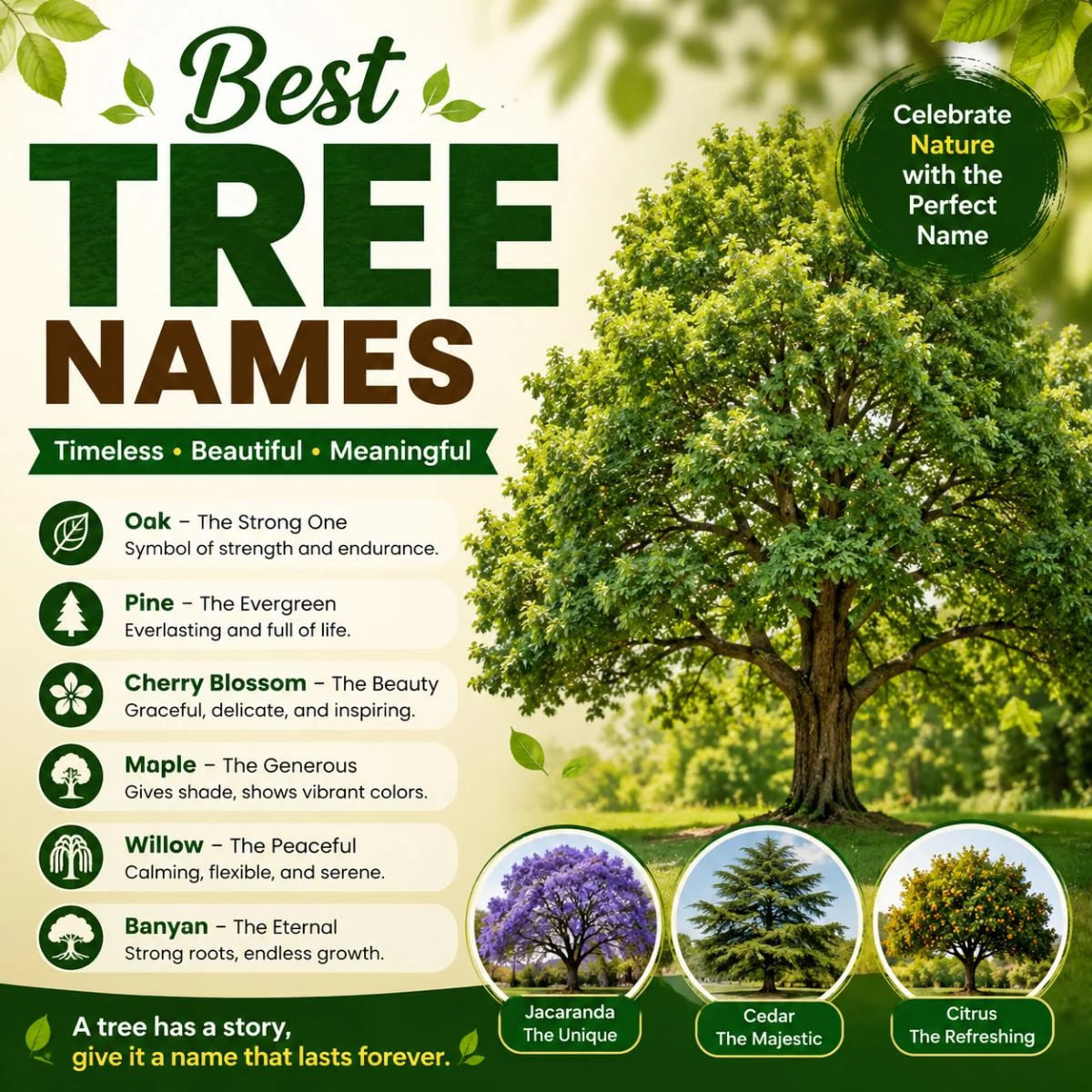 Best tree names featuring Oak, Pine, Maple, Willow, Banyan, Jacaranda, Cedar, and Citrus