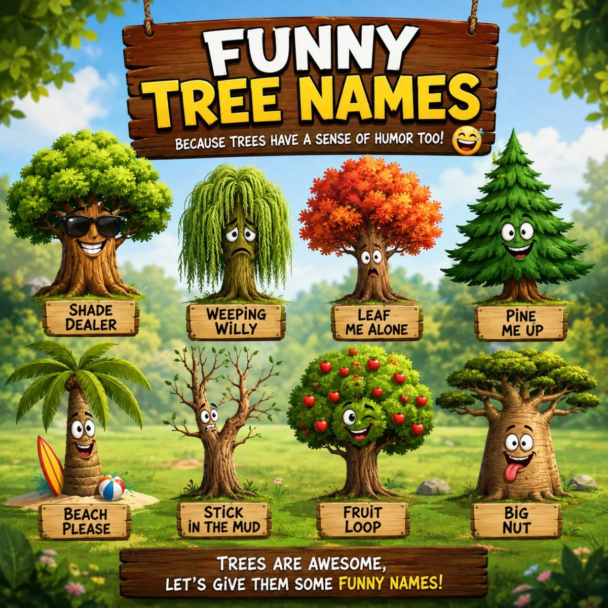 Funny tree names with playful cartoon trees and humorous name signs in a sunny park