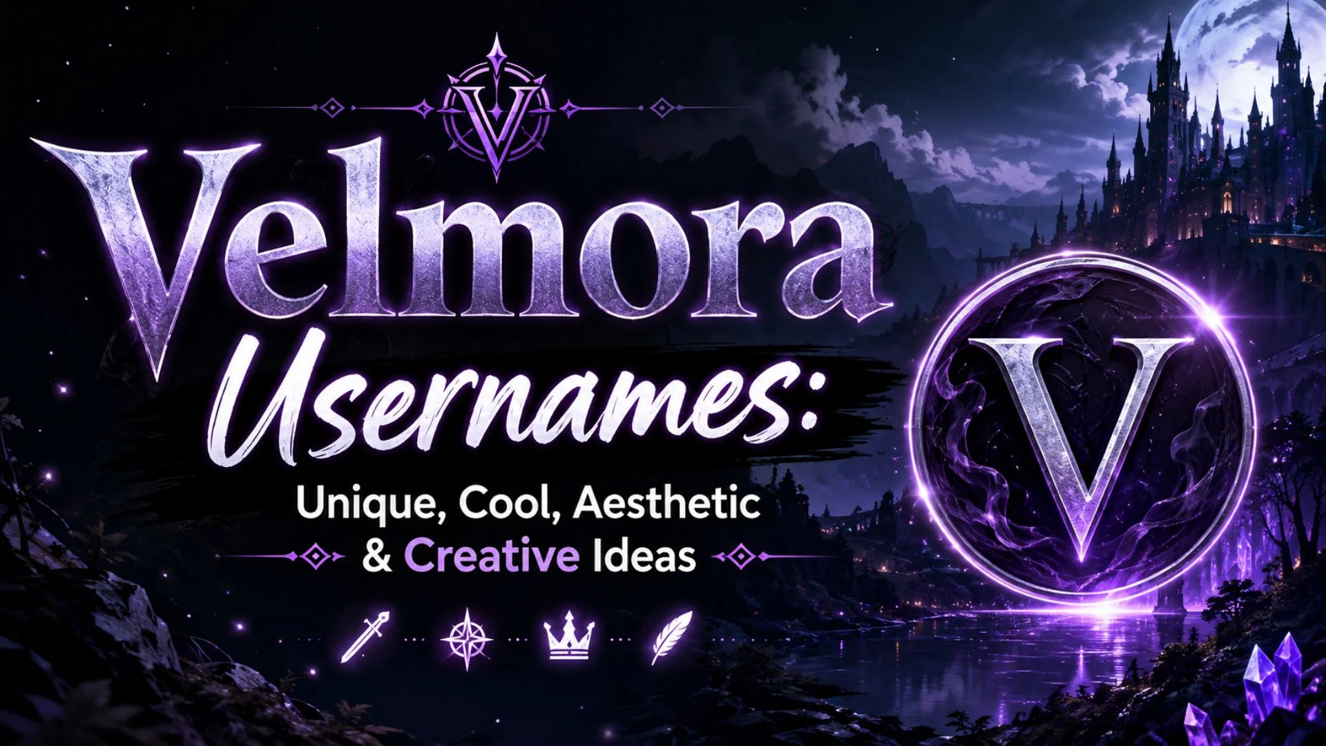 Velmora usernames banner with unique, cool, aesthetic and creative ideas in a purple fantasy setting